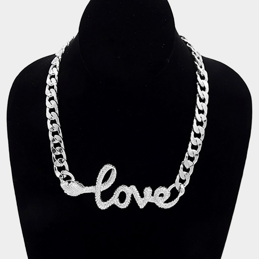 Silver LOVE Word Pendant Snake Link Message Statement Necklace Jewelry
